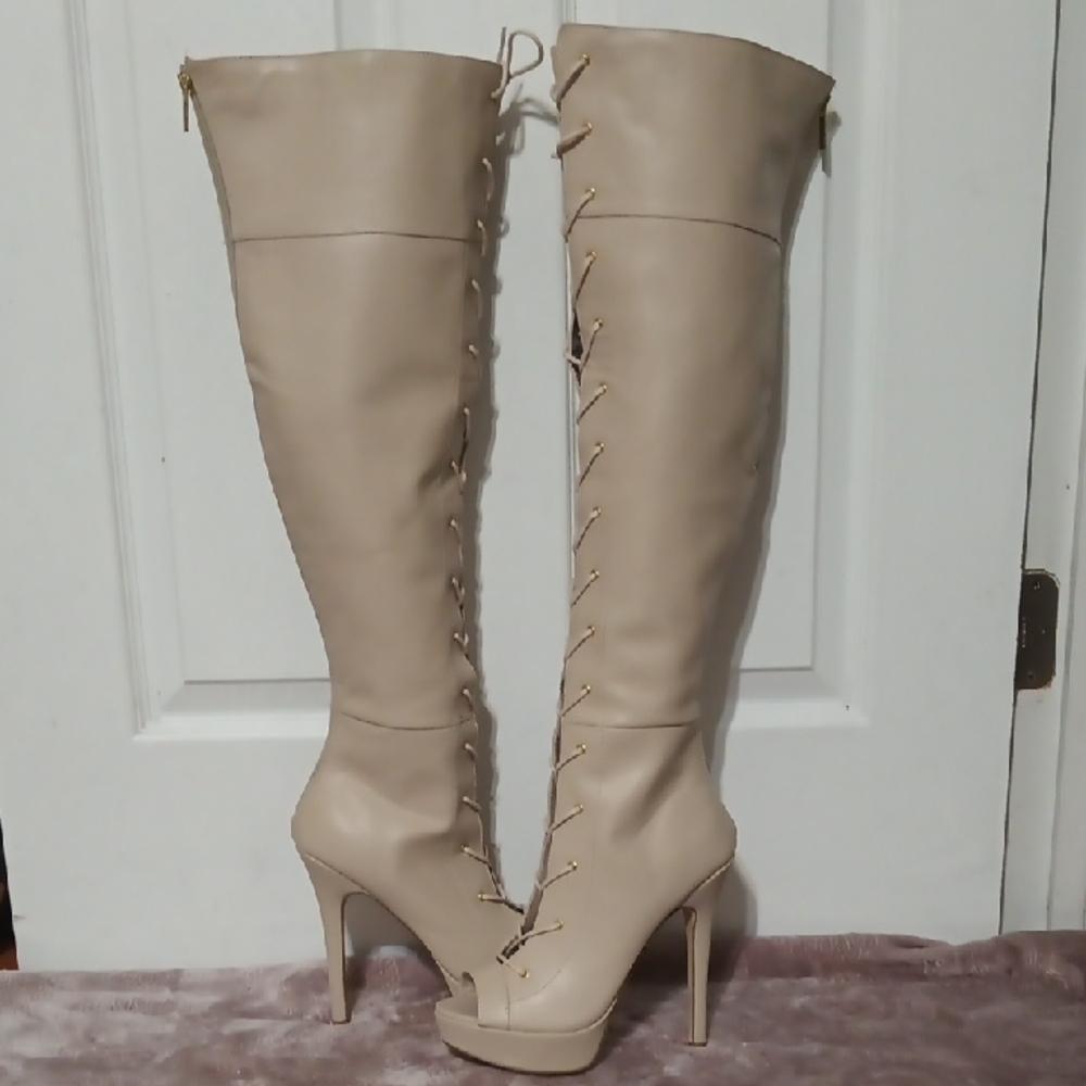 Beige Lace-Up Over-the-Knee Boots Scene By Shoedazzle